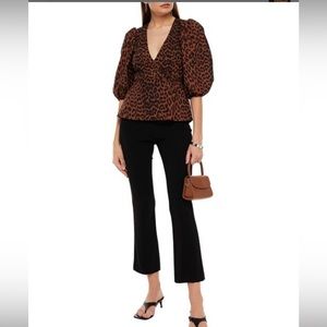 Ganni Leopard wrap top w/balloon sleeves